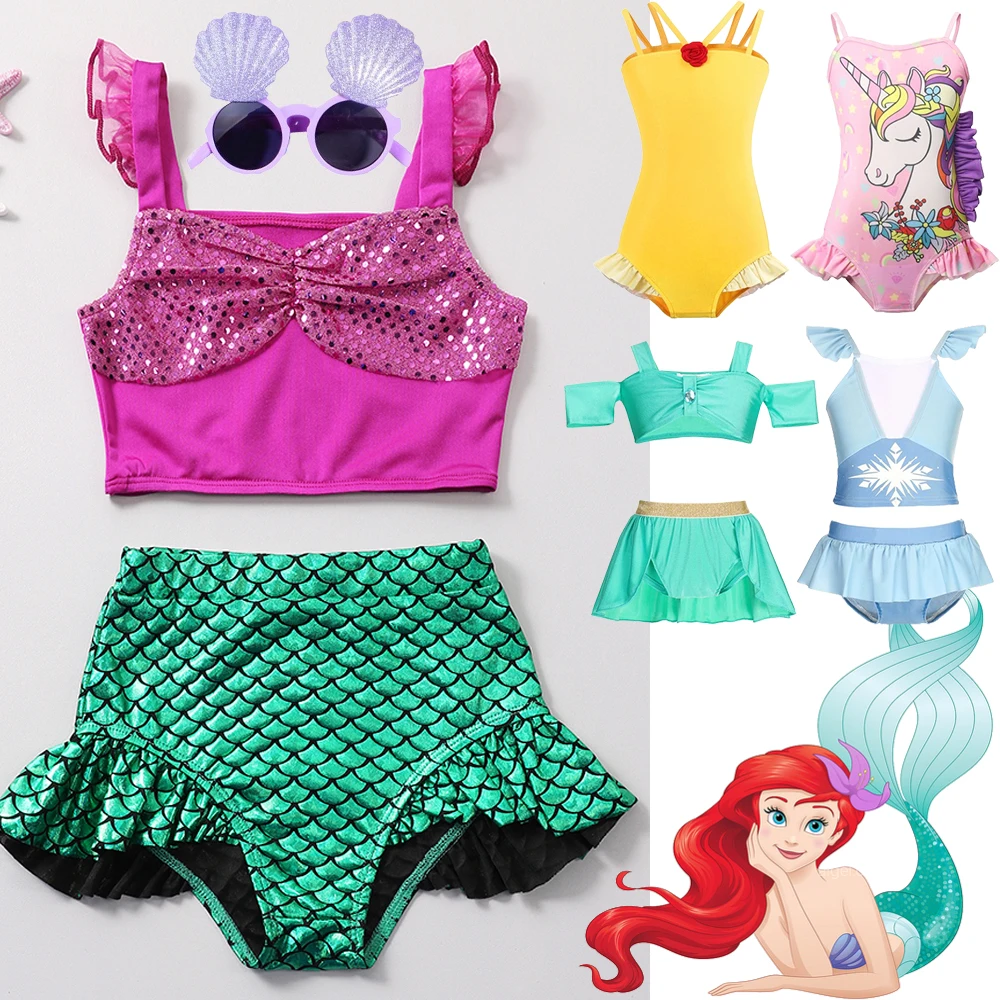 

Mermaid Swimsuit Girls Princess Style Beach Bikini Children Swimwear Little Girl Sea Costume +Eyeglasses Disney Bathing Suit Kid