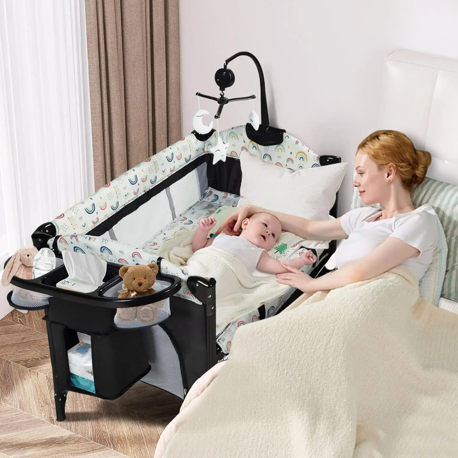 Kinder King 4 en 1 patio portátil para bebés, cuna plegable junto a la cama para bebés con mueble, paquete infantil y patio de juegos grande para niños pequeños