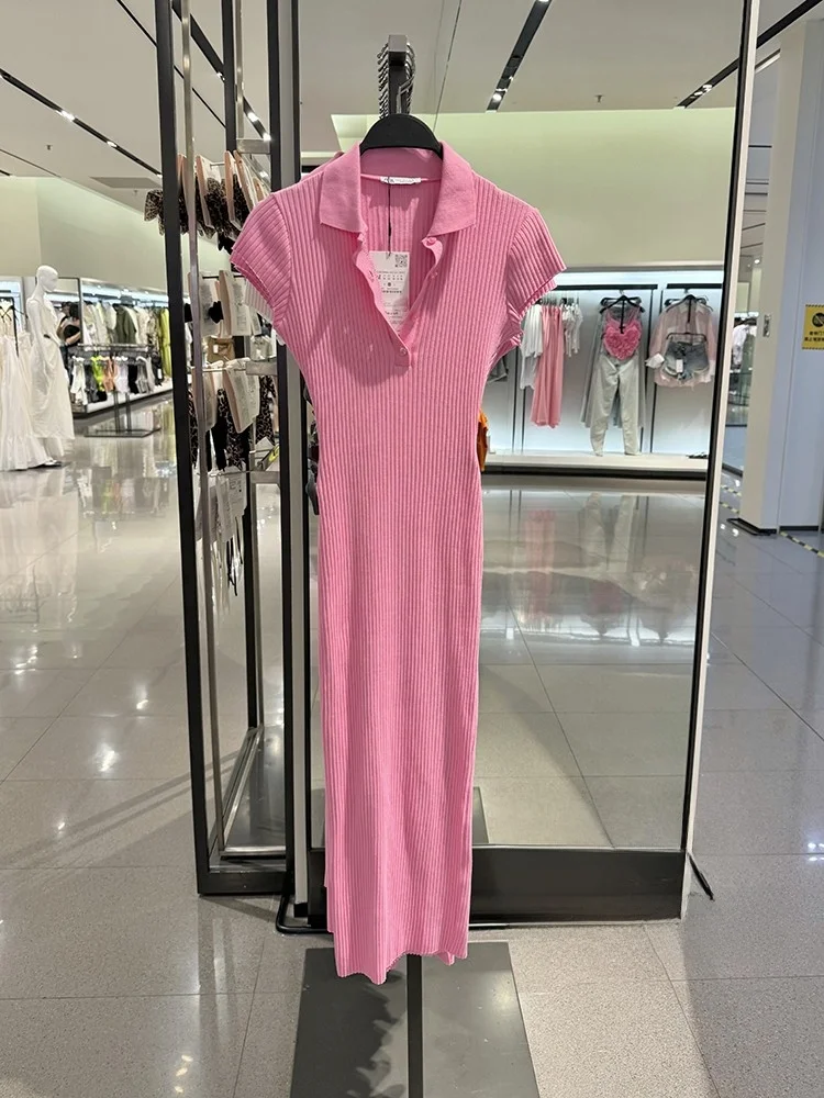 

Summer New Collar Long Knitted Dress Women Slim Fit A-Line Skirt Short Sleeve Quality Fashion Ladies' Dress 0858316