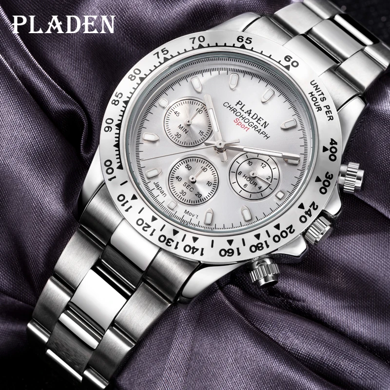 【With Leather Box】PLADEN Men\'s Quartz Watch Stainless Steel Chronograph Waterproof Watches Classic Business Clock For Gentleman