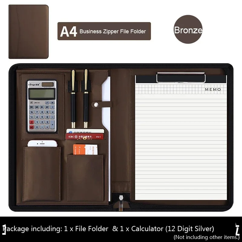 A4 Conference Padfolio Portfolio Folder Leather Contract File Folders for document Man Executive Briefcase Zippered Calculator