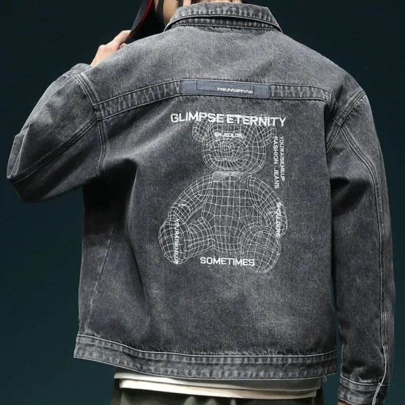 Men's Denim Jacket Cartoon with Embroidery Male Jean Coats Wide Shoulders Autumn Lxury Loose Branded Winter Outerwear Low Cost G