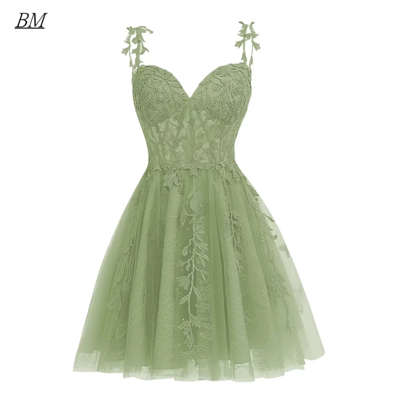 

Floral Spaghetti Straps Lace Olive Short Homecoming Dresses Crystal Beads Mini Cocktail Prom Party Graduation Gown BM385