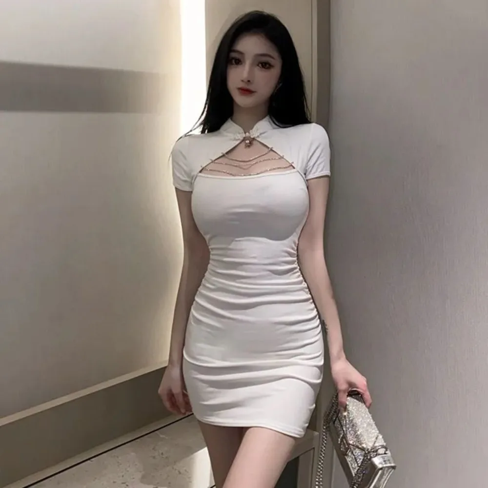 Plus Size Women's Summer New Solid Color Sexy Hollow Out Slim Hip-Wrapped Short Improved Cheongsam Dress Fashion