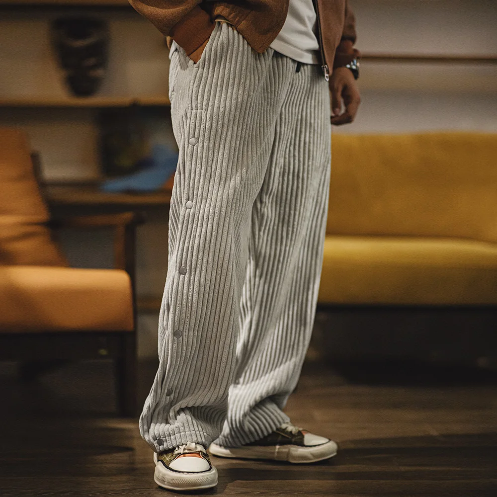 Maden Retro WARM Corduroy Snap-up Sweatpants หลวมเอวยางยืดกีฬาสบายๆขาตรงกางเกงฤดูใบไม้ร่วงสําหรับชายฤดูหนาวกางเกง