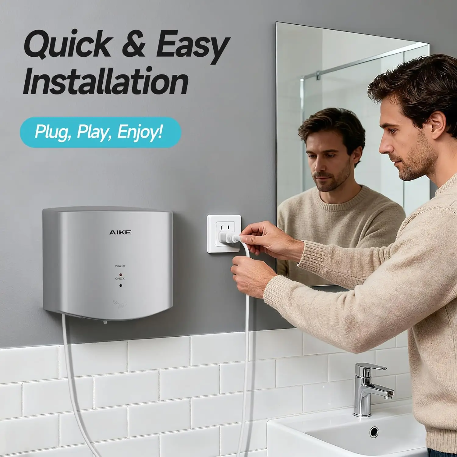 Compact Hand Dryer 110V 1400W Silver with 2-Pin Plug, Efficient Air Wiper Design, Modern Kitchen or Bathroom Accessory