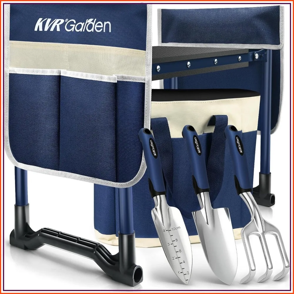 

7-Piece Garden Kneeler & Seat Set - Heavy Duty Foldable Bench, 3 Aluminum Tools, Non-Slip Pouches, Tote Bag - Gardening Gift for Seniors