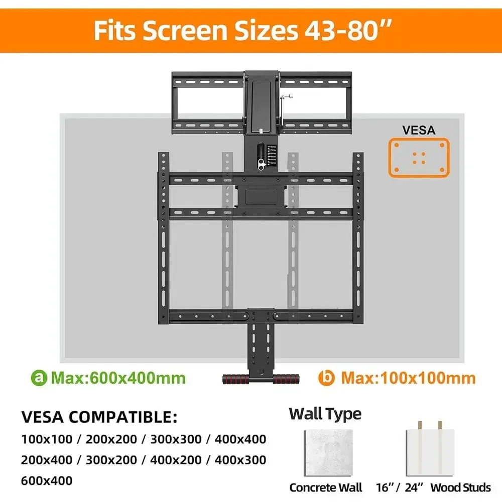 Universal TV Wall Mount, Height Adjustable for 43-80 Inch TVs, Max VESA 600x400mm, Supports Up to 80lbs, Full Motion Above Firep