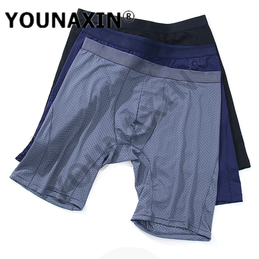 3 Pcs Men Long Leg Undies Ice Silk Underwear Boxers Briefs Mesh Shorts Big Size Panties Underpants Knickers Quick Dry 5XL 6XL