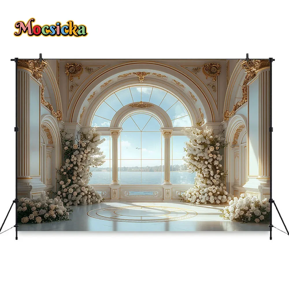 Moclicka latar belakang istana pernikahan romantis musim panas dengan jendela melengkung taman Bohemian putih latar belakang lantai spanduk acara pengantin perempuan
