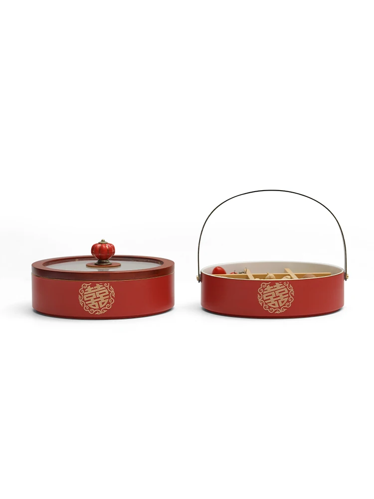 Wedding Preparation Red Celebration Candy Dish Covered Fruit Tray Chinese Style Ceramic Dry Fruit Tray Snack Tray for Couples