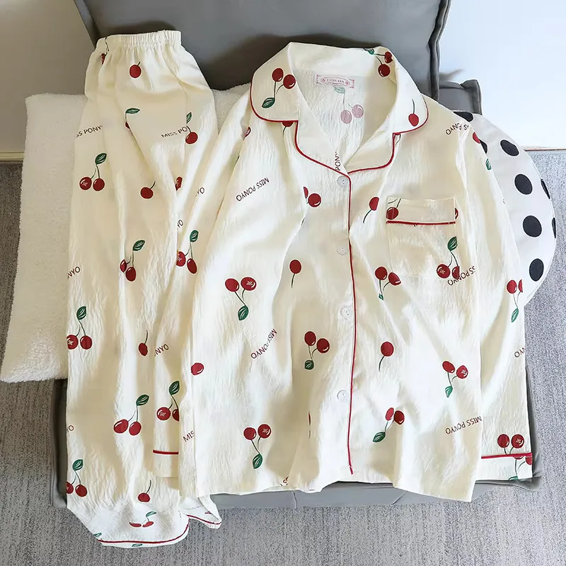 Frauen Pamas Herbst Frühling Langarm Weiche Nachtwäsche Kirsche Ral Cartoon Pyjama Frau Hause Nachtwäsche Set Strickjacke