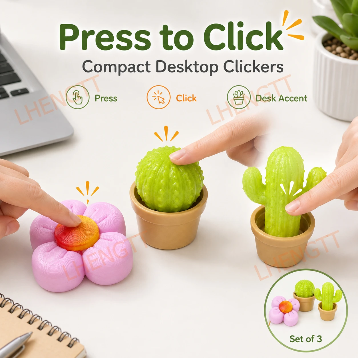 3PCS Flower & Cactus Desk Clicker Set, Creative Desktop Button Clickers for Office Desk Decor, Workspace and Daily Use