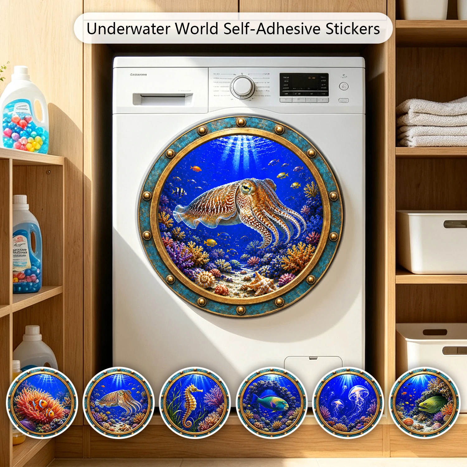 Submarine Porthole Under Sea World Wall Sticker Self-adhesive Waterproof Ocean Animal Decal for Washing Machine Fridge Kids Room