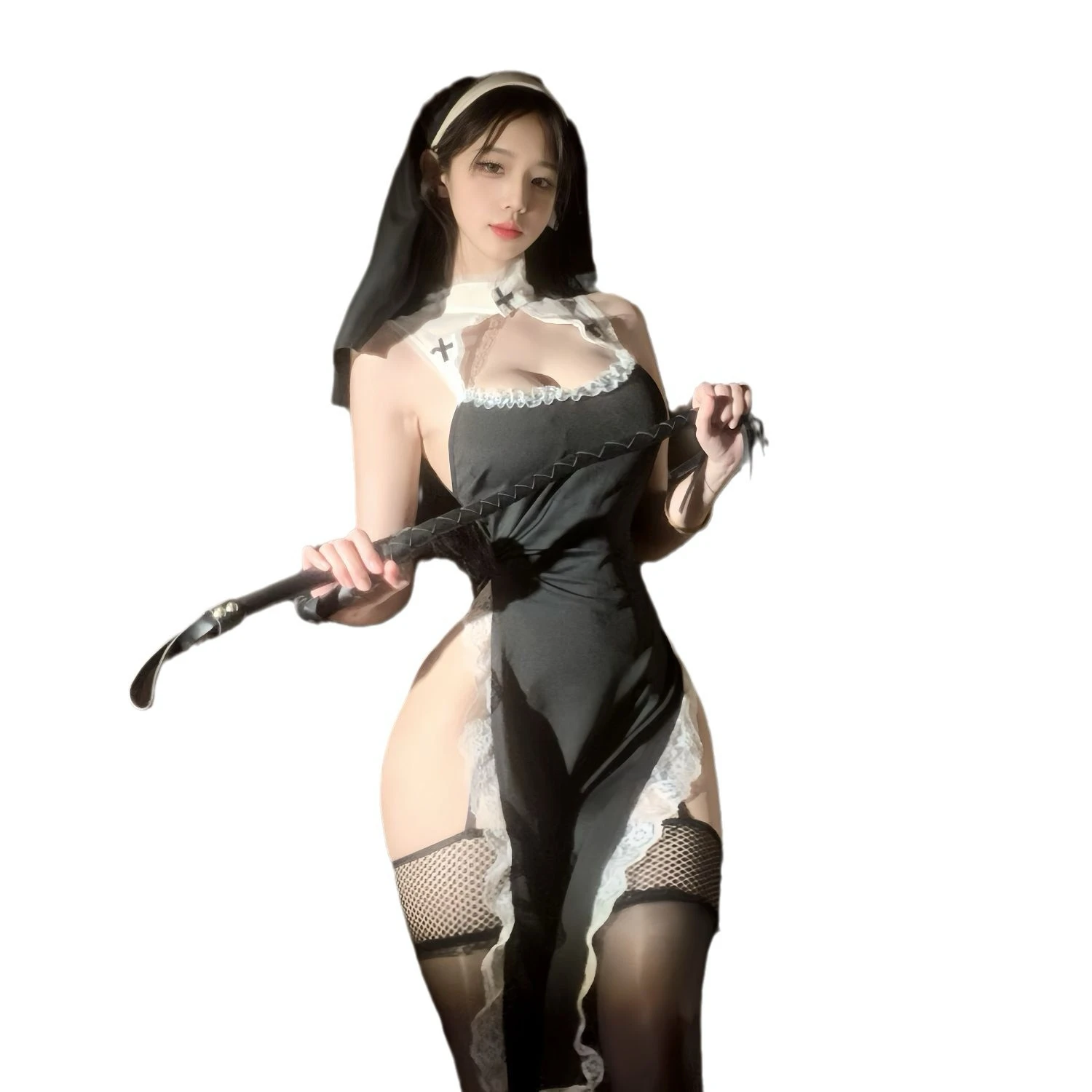 ชุดชั้นในเซ็กซี่เซ็กซี่ชุดแม่ชี cos เย้ายวนชุดคู่เจ้าชู้ pure desire high slit lace cutout ชุด L60