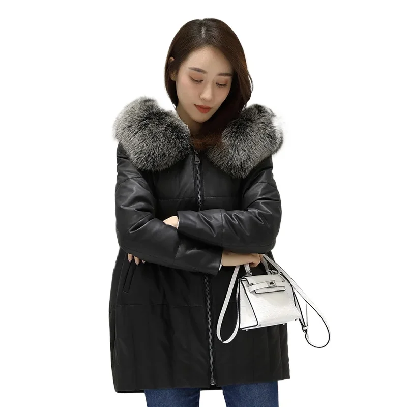 타지야네 정품 가죽 재킷 여성 겨울 중간 화이트 덕다운 코트 후드 폭스 퍼 칼라 루즈 양가죽 코트 여성 의류