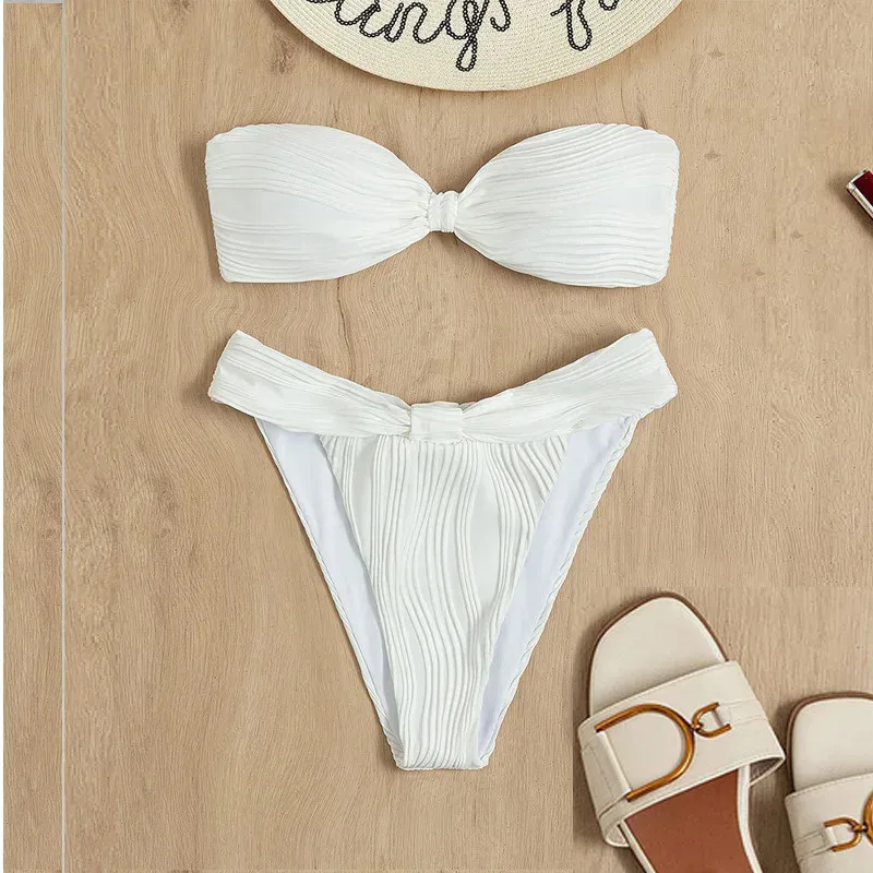 

Solid White Textured Swimwears Sexy Bandeau Bikinis Sets De Mujer 2025 Push Up Swimsuit String Micro Thong Bathing Suit Biquinis