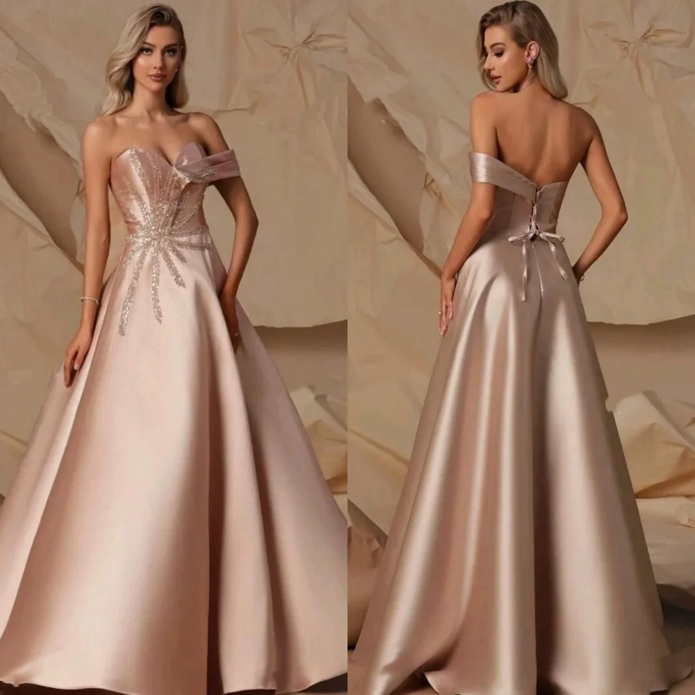

Customized Fashion Elegant Charmeuse Sequined Pleat A-line Off-the-shoulder Long Dresses Bespoke Occasion Sexy
