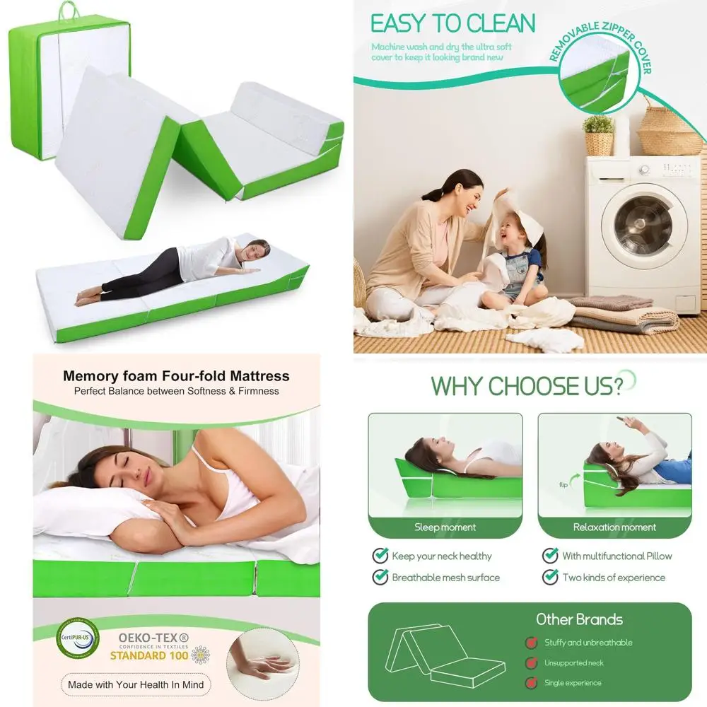 Colchón plegable con almohada, triple pliegue de espuma viscoelástica de 4 pulgadas para adultos y niños, tienda de campaña plegable portátil, RV, viajes, Gues