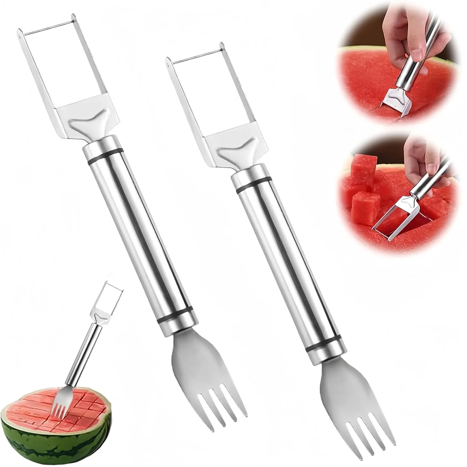 2024 New Watermelon Fork Slicer  Slicer Tool, 2-in-1 Stainless Steel Fruit , Dual Head Fruit Forks Slicer  with Round Handle