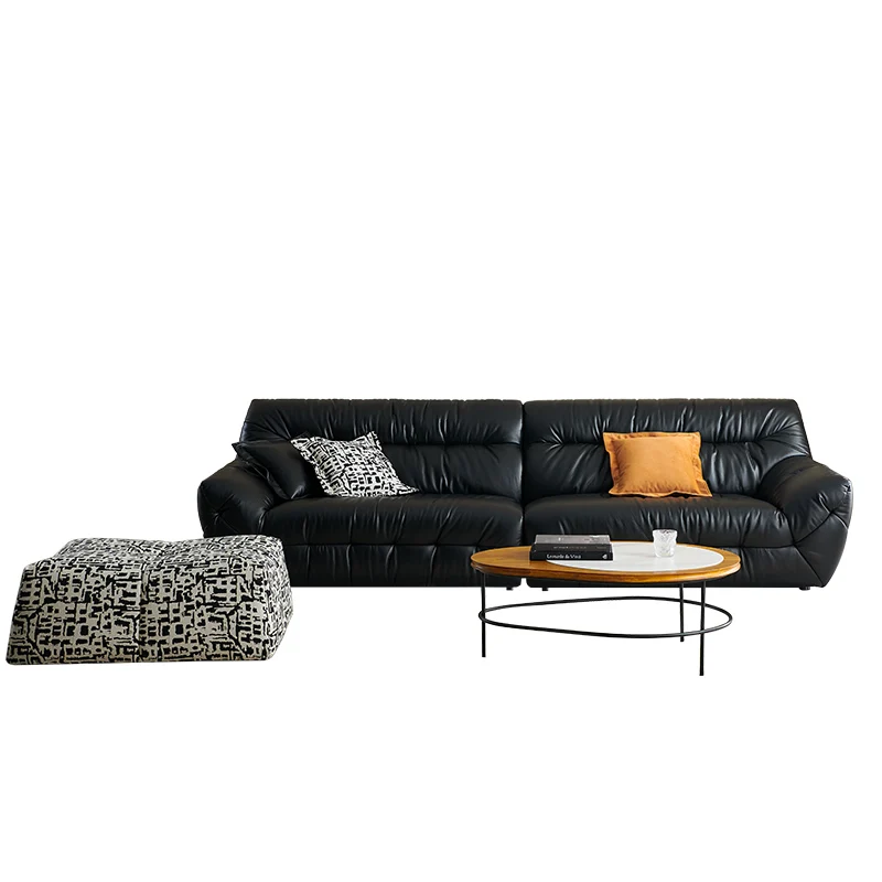 

Black technology leather sofa retro Nordic living room modern simple light luxury three or four people