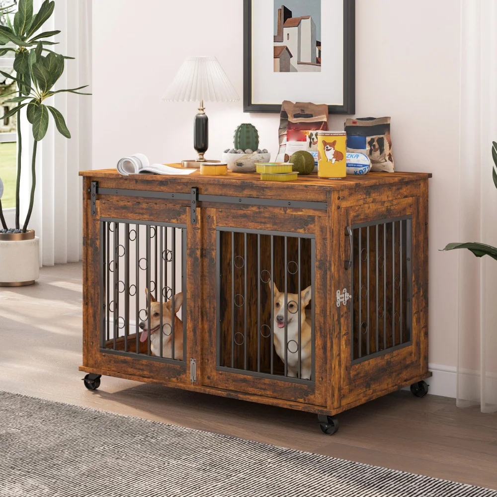 

Sliding Door Dog Cage with Partition for Two Puppies Rustic Brown 39.37'' W X 25.20'' D X 28.94'' H