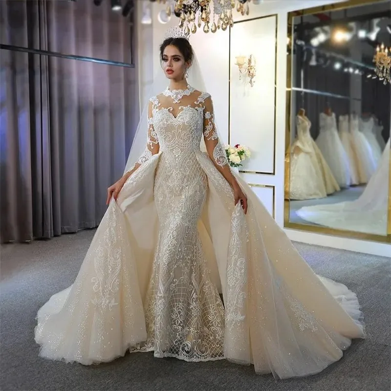 

Mermaid Wedding Dress With Overskirts Dresses Illusion High Neck Long Sleeve Lace Appliques Bridal Gowns vestidos de novia