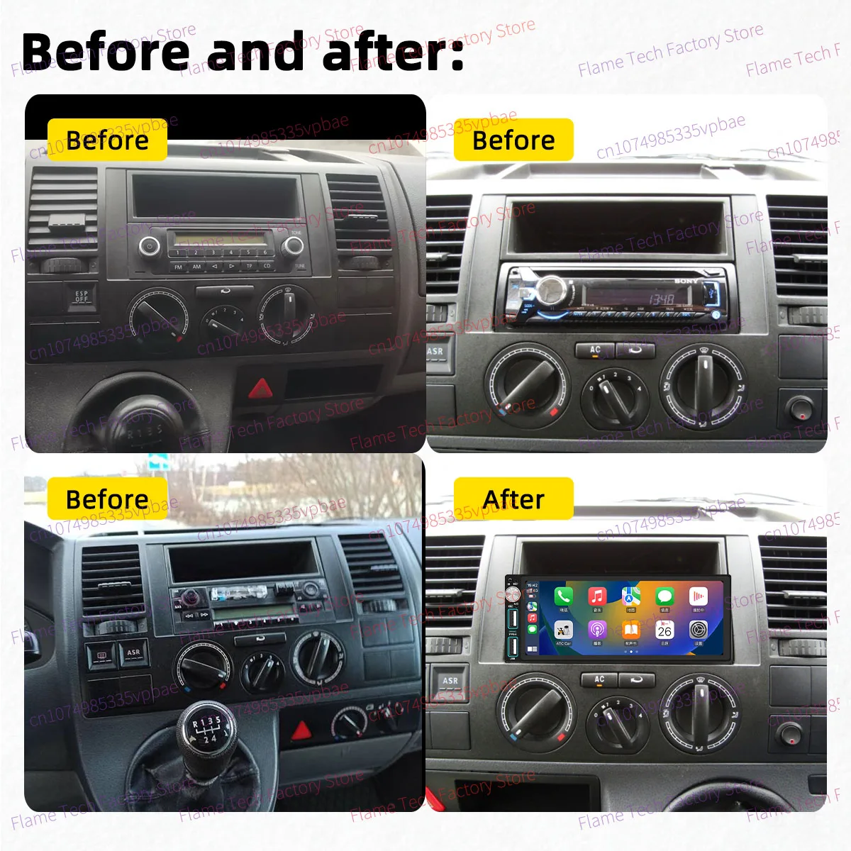 Android 1Din Car Stereo 6.86 Screen for VW Volkswagen Caravelle 5 Transporter Multivan T5 2004-2009 CarPlay GPS Multimedia Radio
