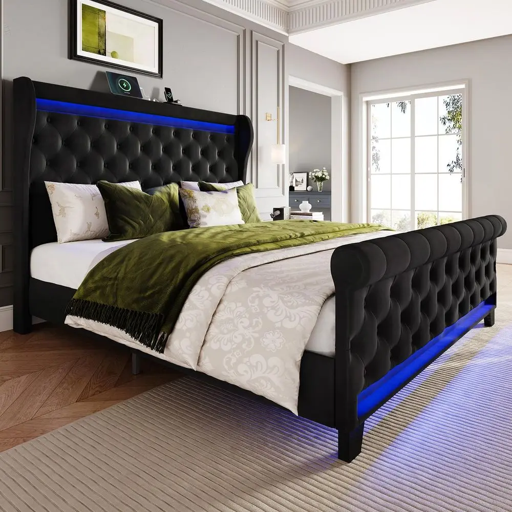 

King Size Bed Frame with Headboard,50 Tall Headboard holstered Velvet Platform Bed with LED Lights amp 2 USB Port 1 Type C Po