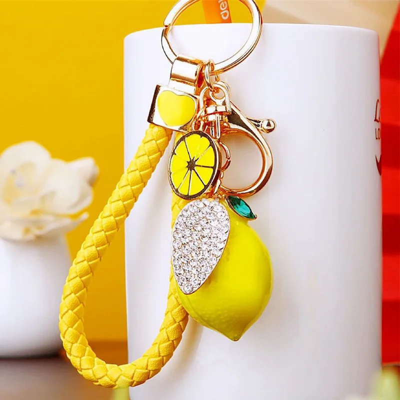 3D Fruit Keyring Lemon Charm Pendant Crystal Rhinestone Keychain for Purse Bag Car Party Wedding Gift Collection