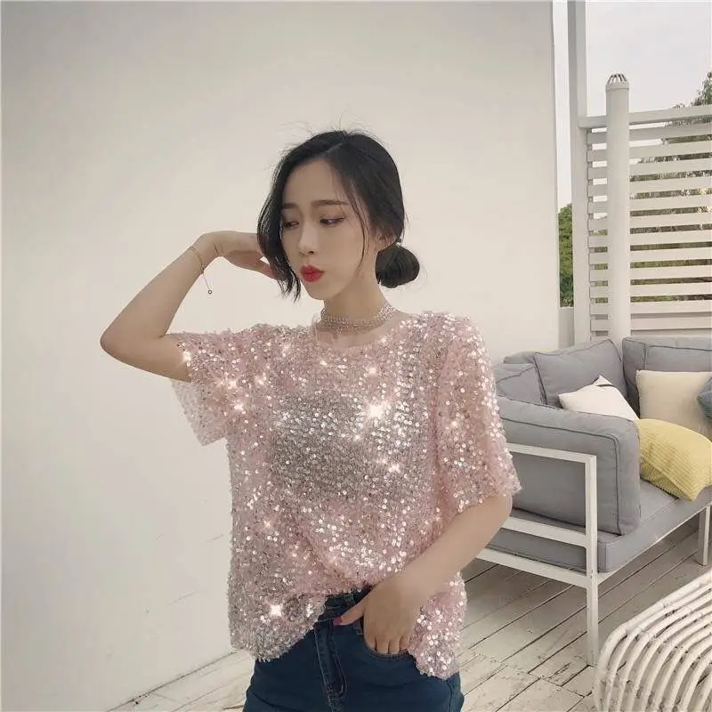 

iny Sequin ort Sve Chiffon Top Korean Sle Summer Bright Lady Faionable Outerwear Lace Collar Stand out Piece