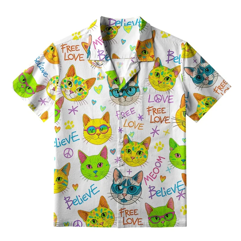 

Bohemian Free Love Meow Aloha Hawaiian Shirt Summer 2026 New Fashion Short Sleeve Cuban Collar Tops American Style