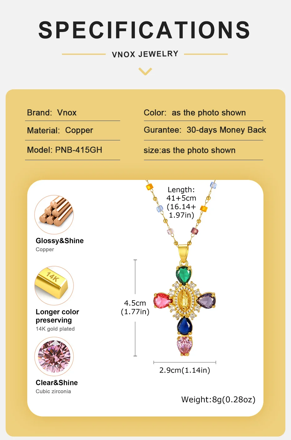 Vnox Mehrfarbige CZ-Steine Kreuz-Anhänger-Halskette für Frauen, vergoldet, bunte Zirkon-Religionskette, christlicher Schmuck – Detail 5