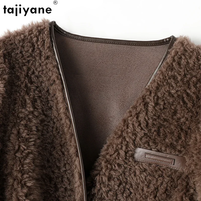 Tajiyane 100% Sheep Shearing Jacket for Women 2023 Autumn Winter Fur Coat Women Medium Elegant Wool Coats V-neck Abrigos Mujer