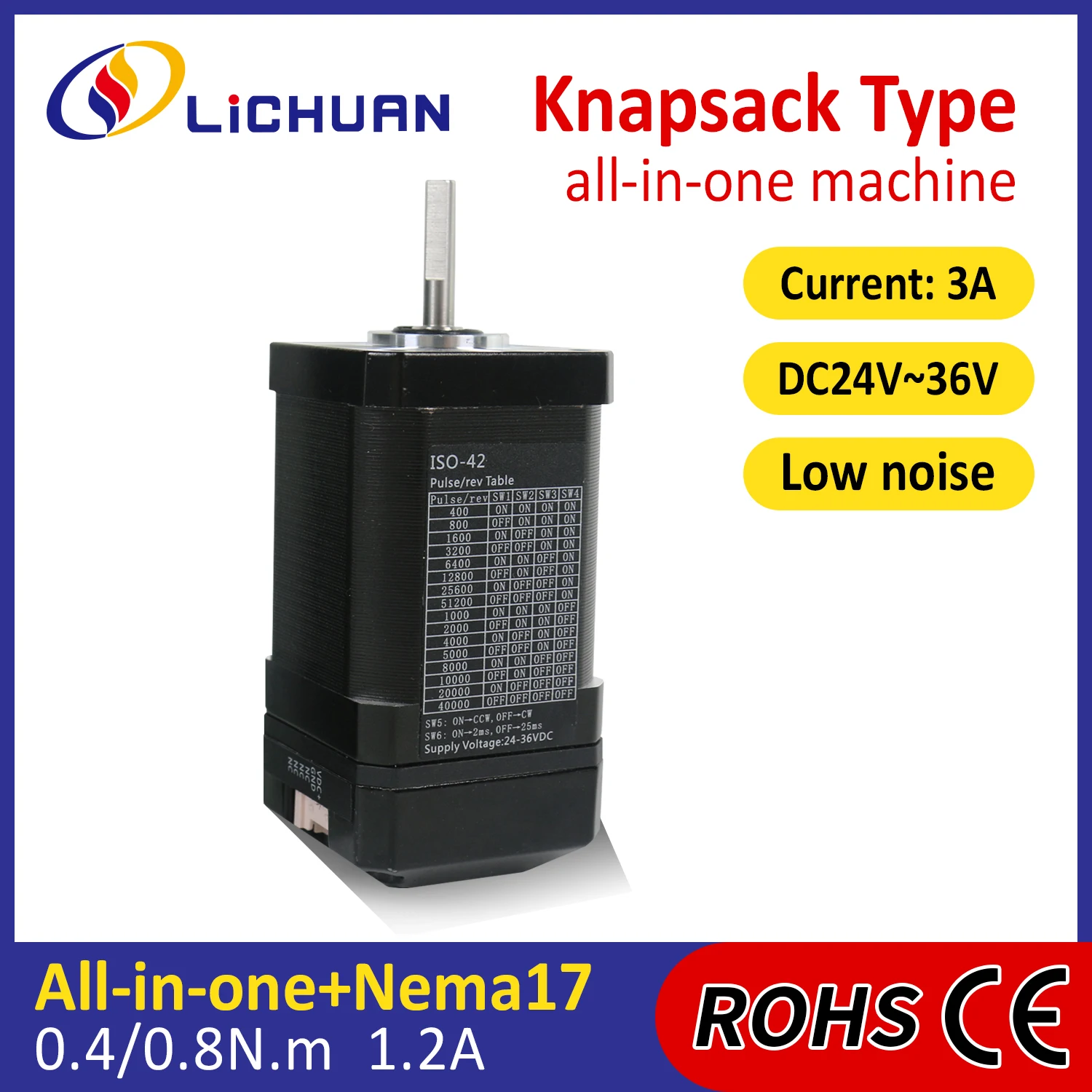 

Lichuan 24V 1.2A 2Phase Nema17 Stepper Motor Integrated 0.4N.m/0.8N.m Open Loop Integrated Stepper Motors Driver for Automated