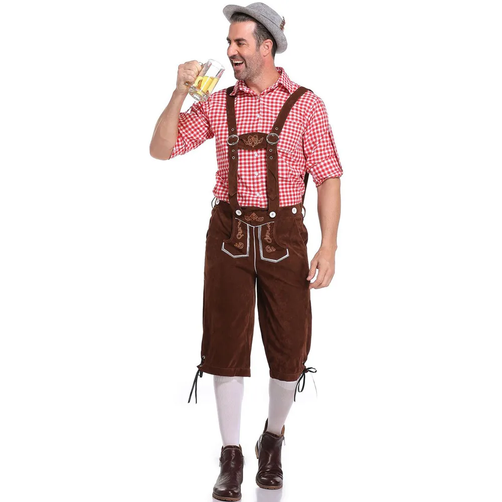 Adult Man Costume Overalls Shirt Hat Suspenders Short Shorts 3Pcs/Set Bavarian Octoberfest German Festival Beer Male Cosplay