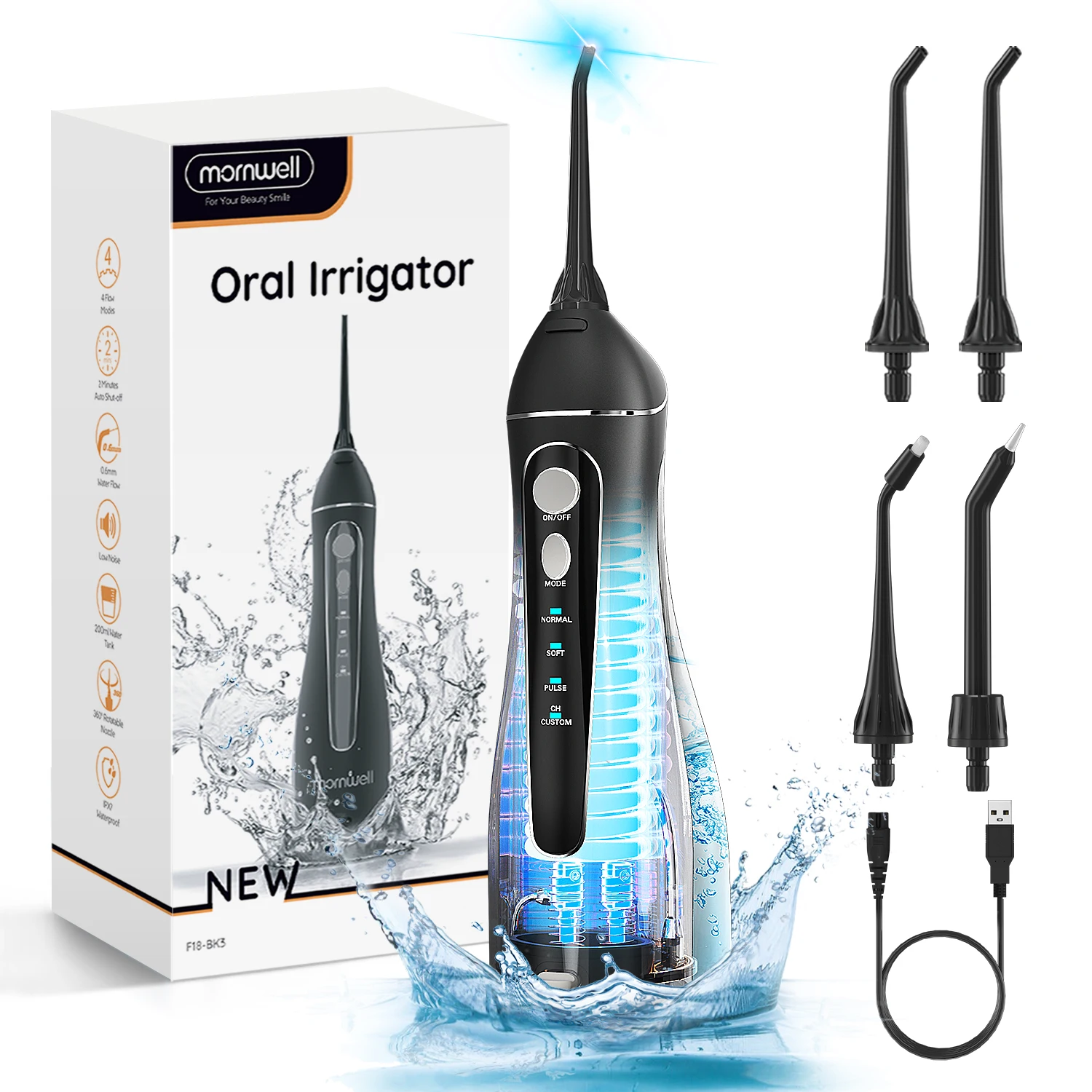 Mornwell-irrigador Oral portátil F18, irrigador de agua recargable por USB, 4 boquillas, chorro de agua limpia Dental, tanque de agua de 200ml, resistente al agua