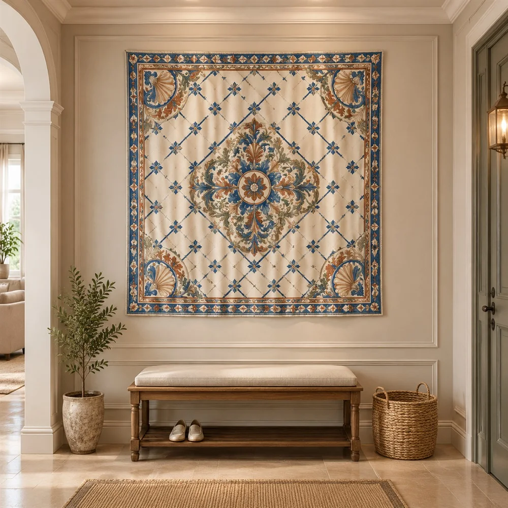 VIKAMA Diamond Trellis Pattern Corner Motif Tapestry Wall Hanging, Neoclassical Wall Decor Tapestries for Bedroom Nursery