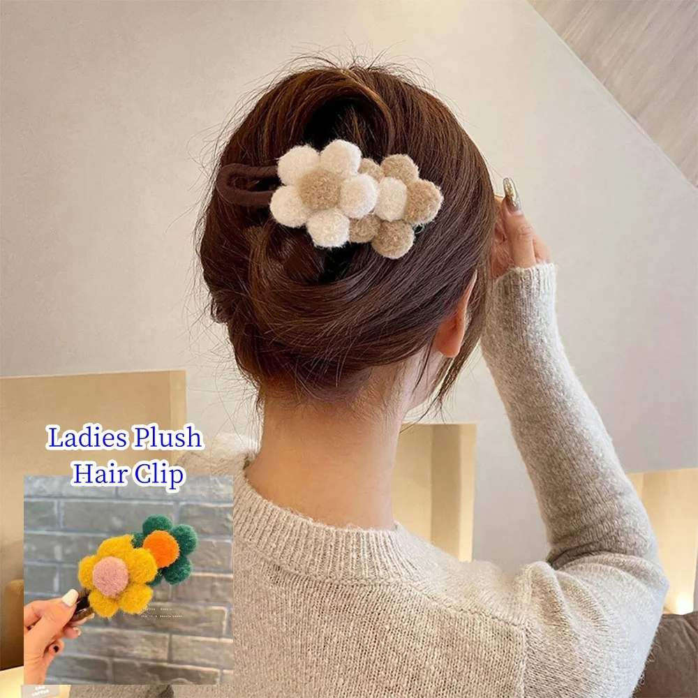 Plush Flower Duckbill Clip Large Curly Back Spoon Shark Clip High-End One Line Clip Hair Barrettes Accessories for Girl