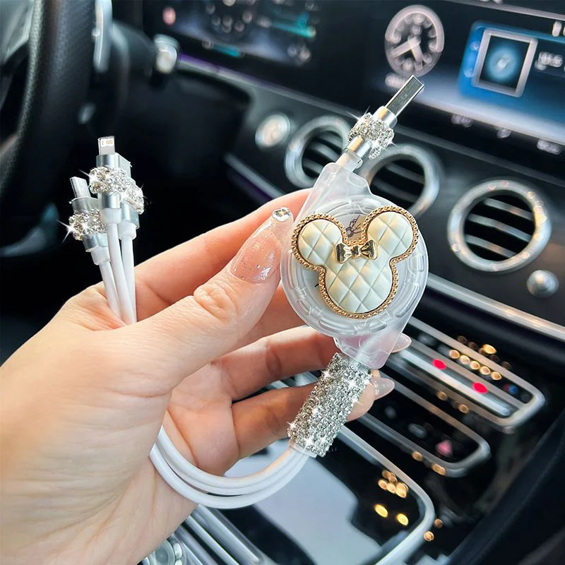 كابل شحن USB سريع للبيانات قابل للسحب من كارتون ميكي 3 في 1 لهاتف آيفون وأندرويد وشاومي وهواوي وسامسونج