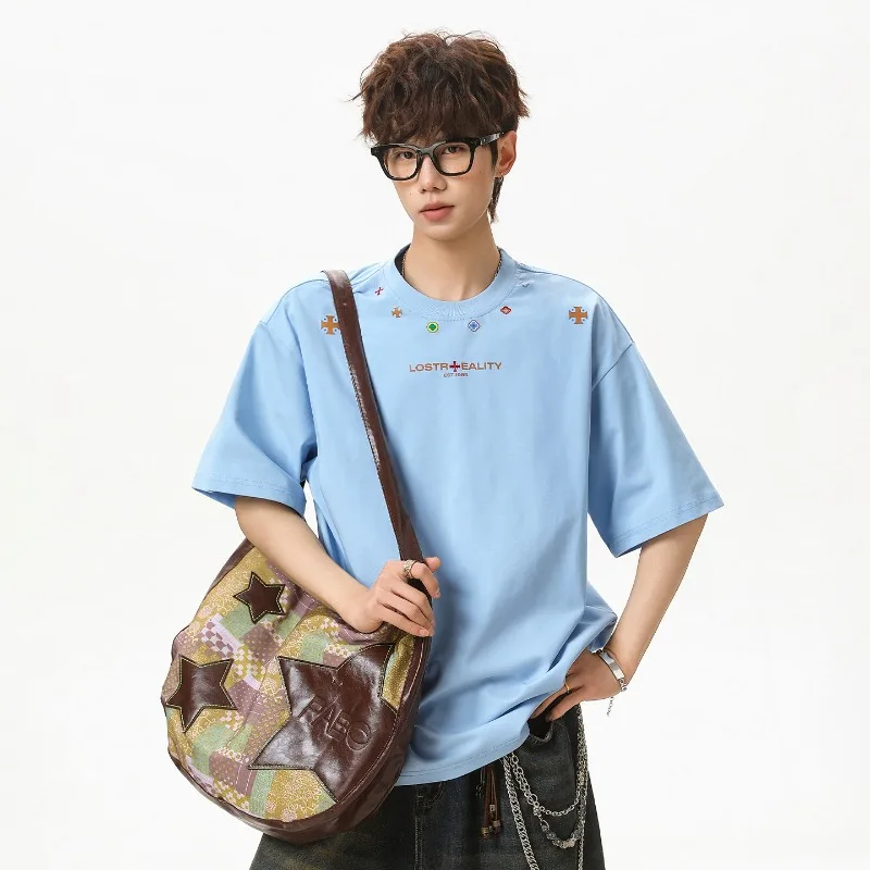 

Мужская футболка оверсайз TFETTERS 2026: летняя, в американском уличном стиле, с мини-вышивкой, контрастным графическим принтом, дышащая, повседневная