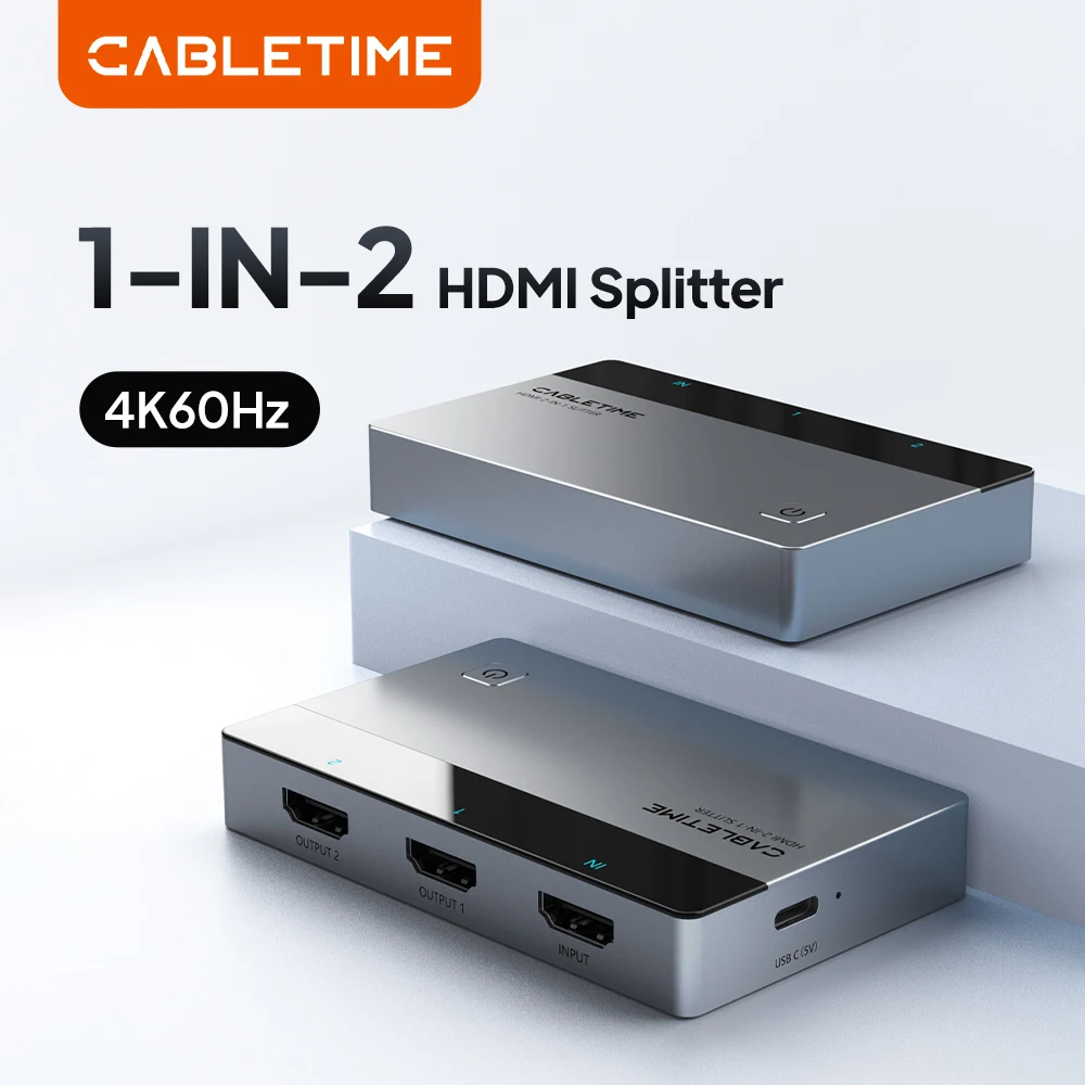 CABLETIME HDMI Splitter 1 IN 2 Out 4K 60Hz LED Light Screen Splitter for HDTV Computer Monitor Switch PS5 Xiaomi Macbook Laptop