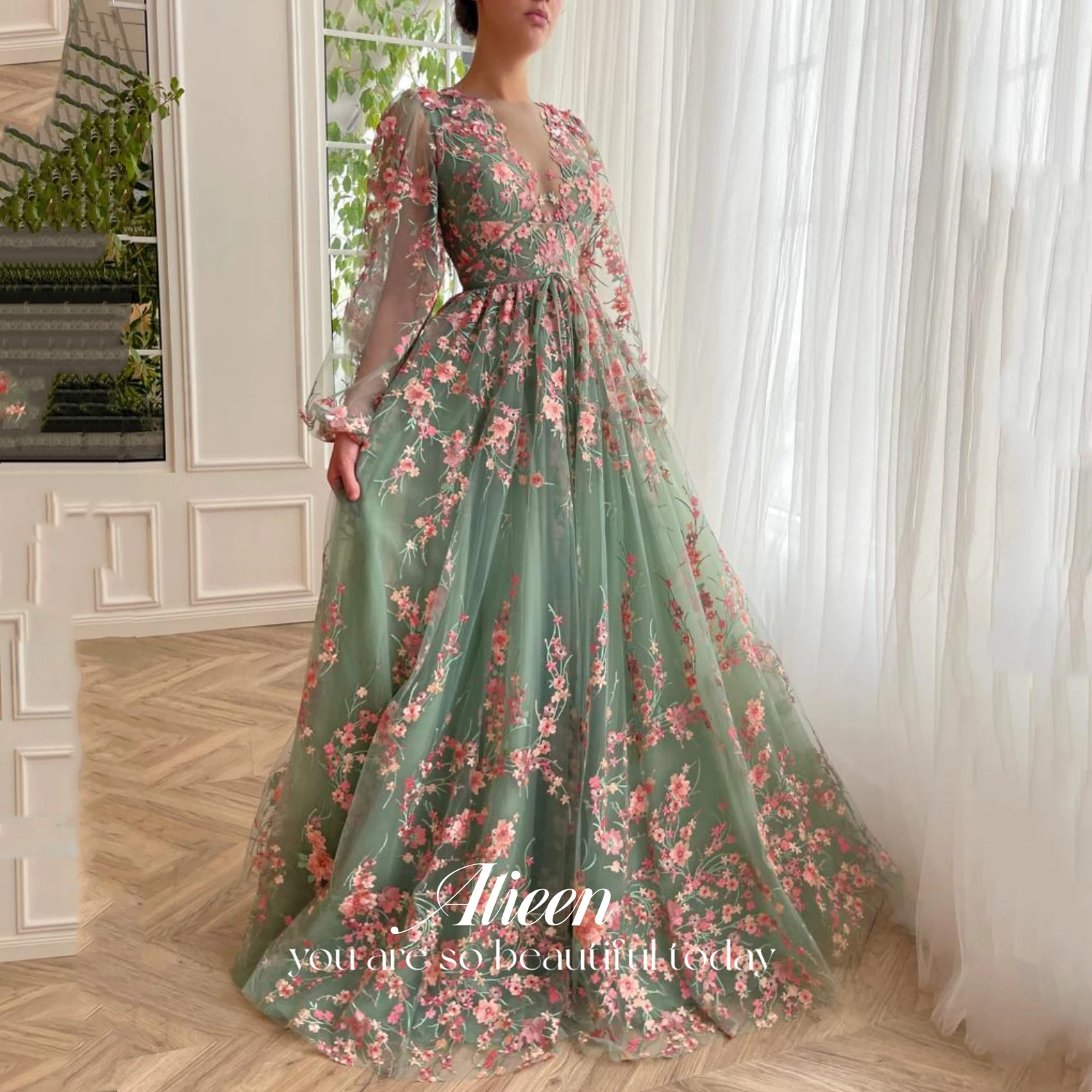 Aileen Bruid Jurken Voor Prom Groene Vrouwelijke Jurk Feest Avond Elegante Luxe Celebrity Bloemen Coming Of Age Ceremonie 2024 Gala