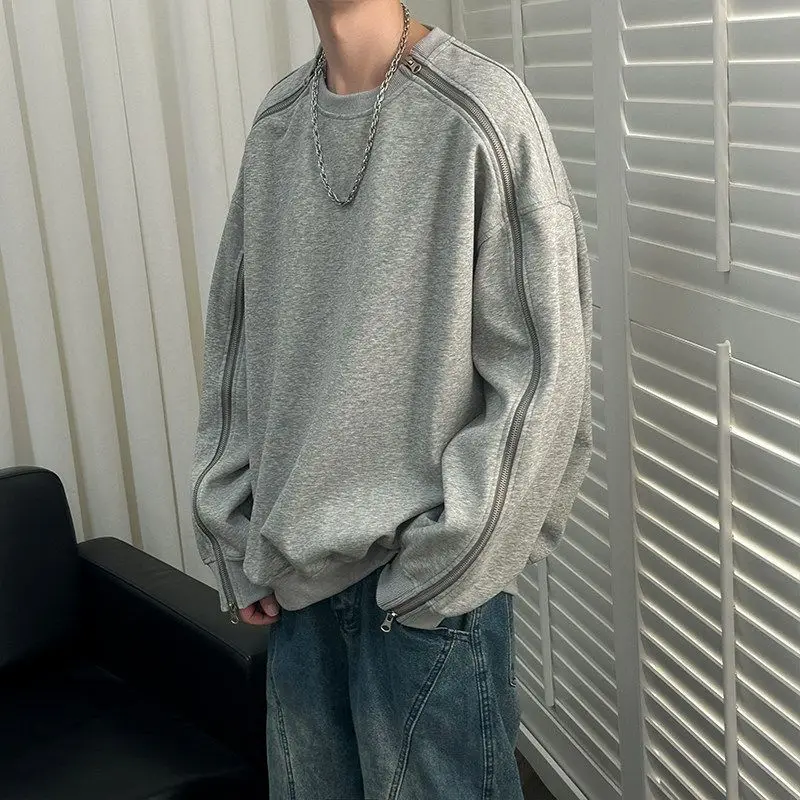 

Men's Asymmetric Double Zipper Crewneck Sweatshirt 2026 New Trend Streetwear Loose Long Sleeve Casual Hip Hop Pullover Cool Tops