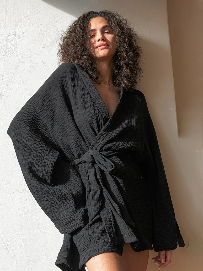 Marthaqiqi Lente Katoenen Zwarte Vrouwelijke Badjas Lange Mouw Gewaad Sexy V-Hals Nachtkleding Casual Mini Jurk Losse Vrouwen Huiskleding