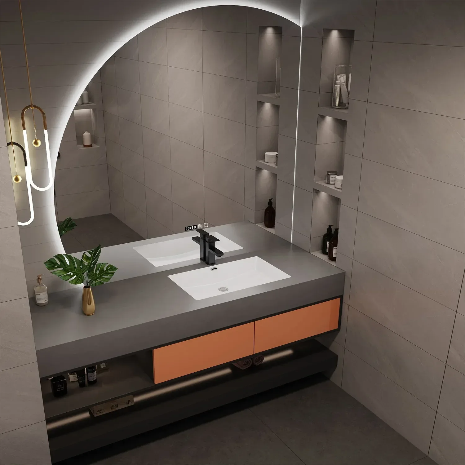 

70-180cm Slate Bathroom Vanity Cabinets with Sink Half Round Mirror Integrated Washbasin Solid Wood Cabinet Bathroom Furniture