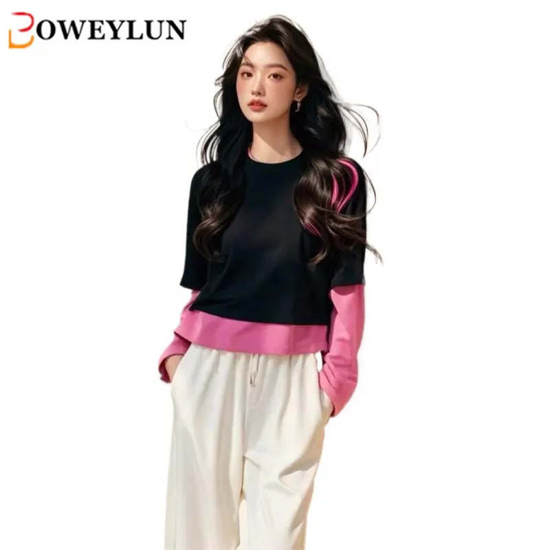 

BOWEYLUN Korean Version False Two-Pieces Splicing Long-sleeved T-shirt Female Spring and Autumn Fashion Round Neck Blouse Girls