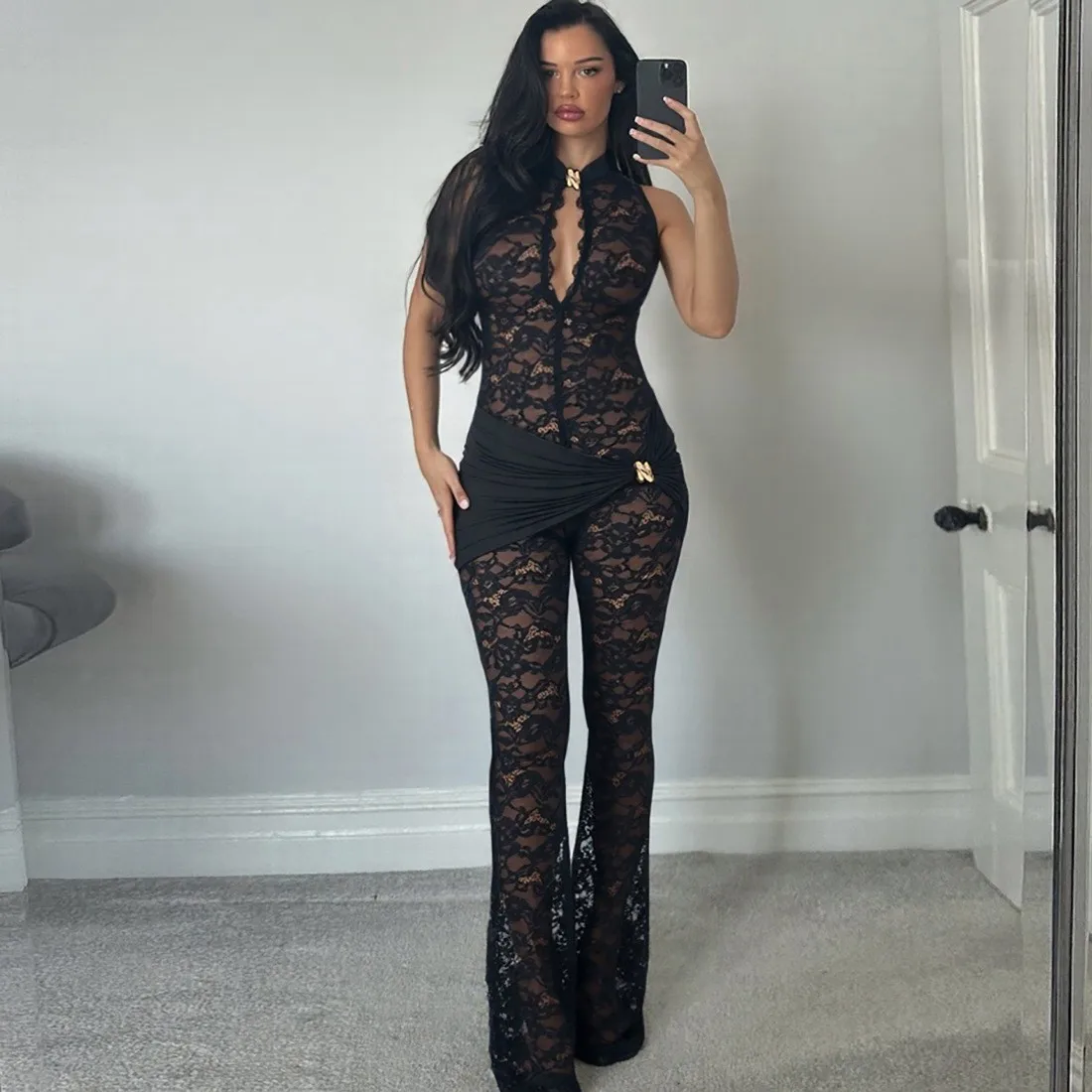 

Women's Jumpsuit Sleeveless High Neck Sheer Lace Jumpsuits Flare Leg Button Front Romper Ruched Waist Gold Button Long Romper