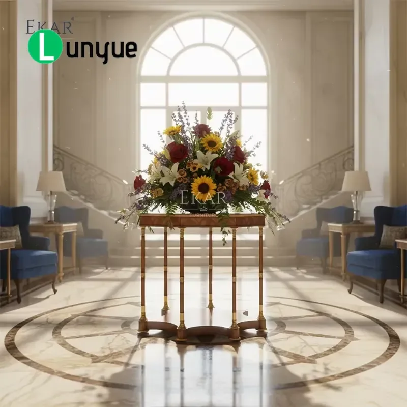 Hand Inlaid British Style Pillar Bracket Lobby Table  Deluxe Furniture for Living Room Hallway Elegant Decor