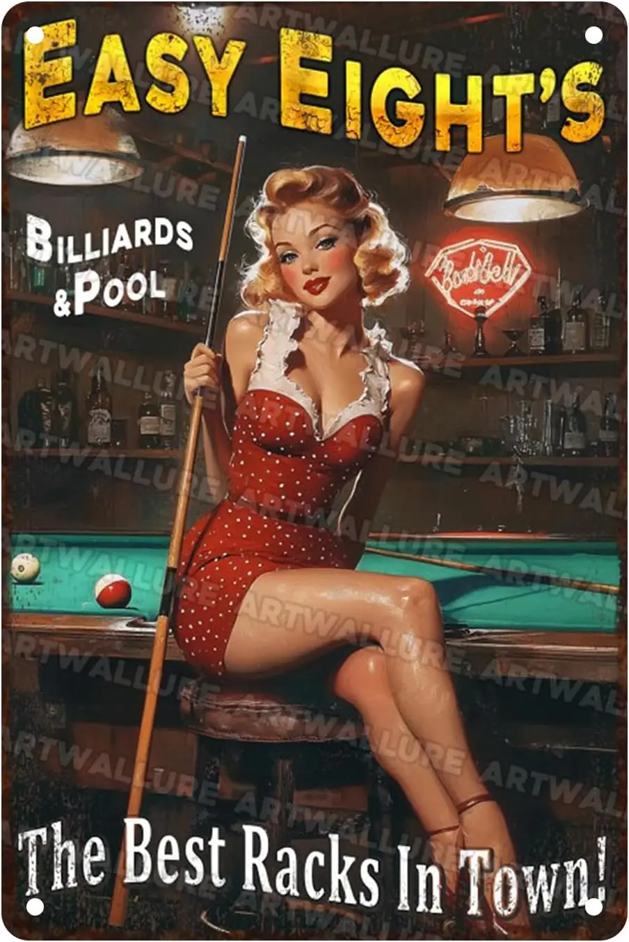 Metal Tin Sign Pin Up Girl Funny Wall Decor Easy Eight‘s Billiard Vintage Room Wall Art Poster for Bar Man Cave Garage Club Deco